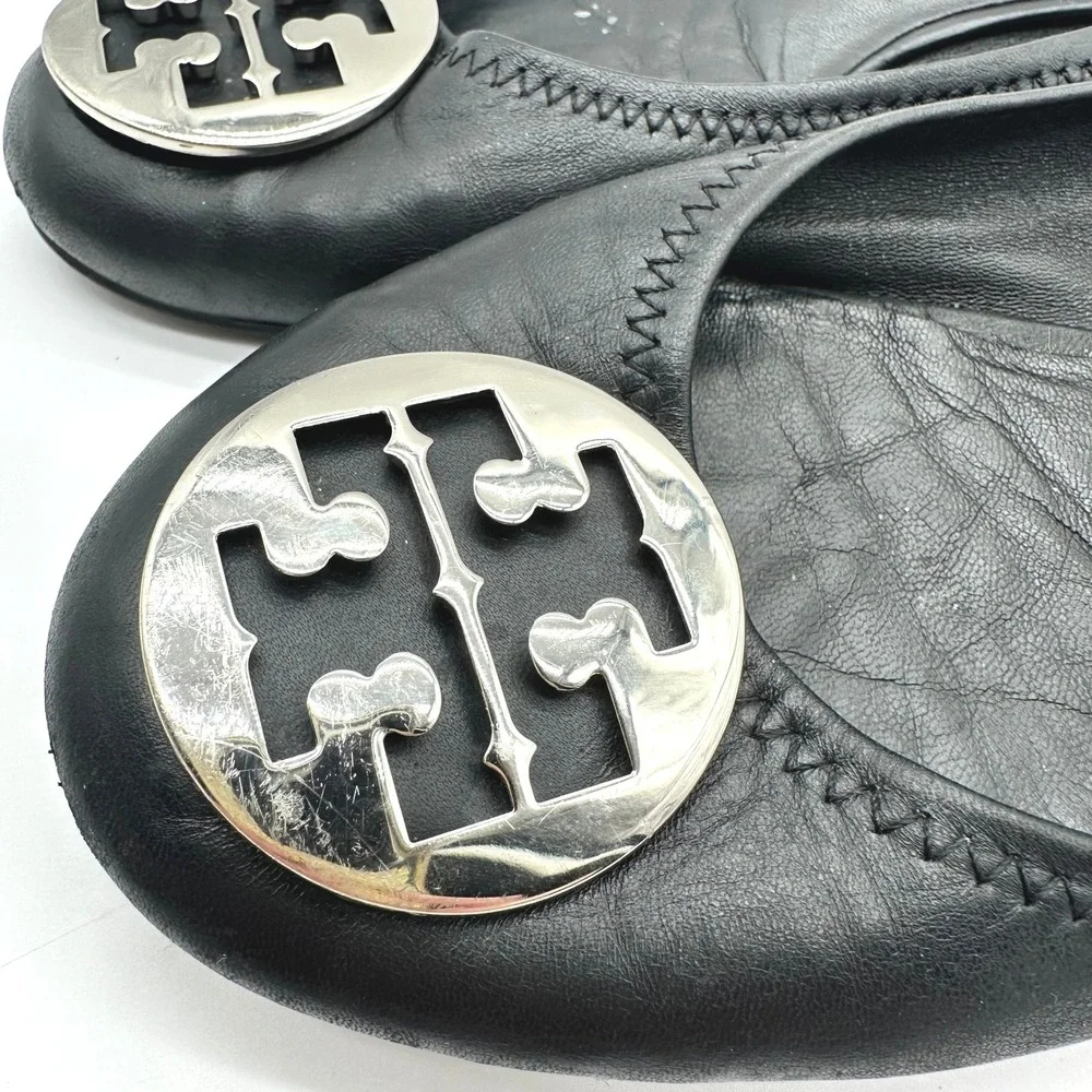 Tory Burch Reva Black Leather Ballet Flats Silver Logo Medallion Size 9.5